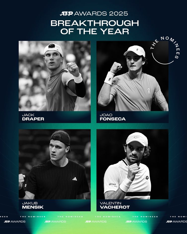 Reprodução X/ATP Tour joão fonseca é finalista do prêmio atp awards 2025 na categoria maior evolução do ano, em 20/11/2025