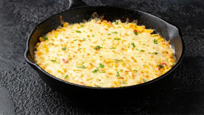 Foto mostra um omelete de legumes na frigideira em cima de uma bancada de mármore.