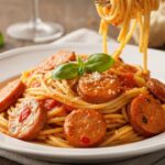 Prato de macarrão com linguiça dentro de um prato em cima de uma mesa.