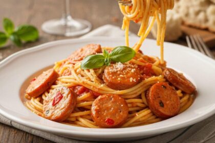 Prato de macarrão com linguiça dentro de um prato em cima de uma mesa.