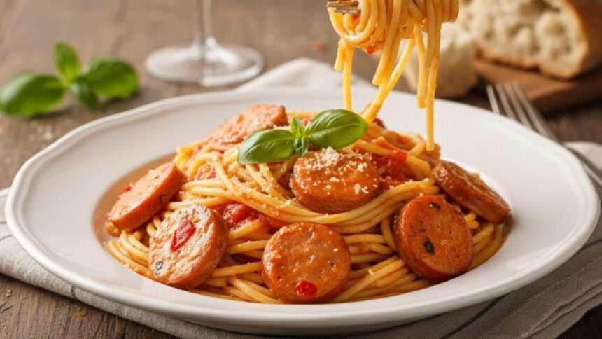 Prato de macarrão com linguiça dentro de um prato em cima de uma mesa.