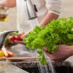 Pessoas lavando folhas na pia