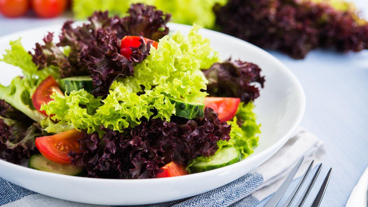 Mostra alface verde e roxa num prato em cima da mesa.