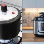 Comparação de panela de pressão elétrica e convencional na cozinha moderna.