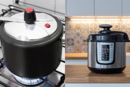 Comparação de panela de pressão elétrica e convencional na cozinha moderna.