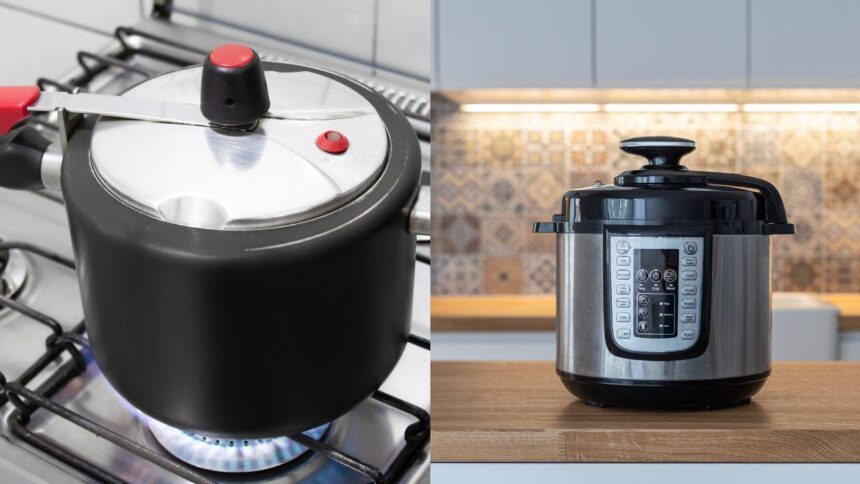 Comparação de panela de pressão elétrica e convencional na cozinha moderna.