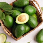 Foto mostra abacates verdes dentro de um cesta e com folhas de abacate ao lado.