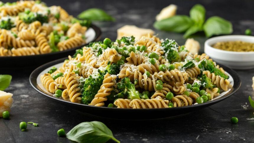Foto mostra macarrão parafuso colorido com queijo em cima dentro de um prato em cima da mesa.
