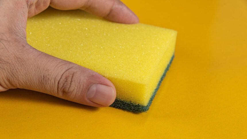 Imagem de uma mão segurando uma bucha de cozinha