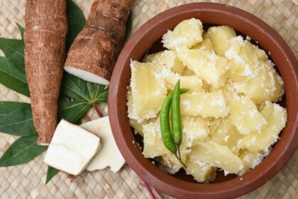 Imagem de mandioca cozida em um pote marrom escuro com raízes de mandioca do lado