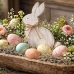 Imagem de um arranjo de páscoa com um coelho de madeira, ovos coloridos e mato