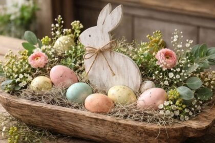 Imagem de um arranjo de páscoa com um coelho de madeira, ovos coloridos e mato
