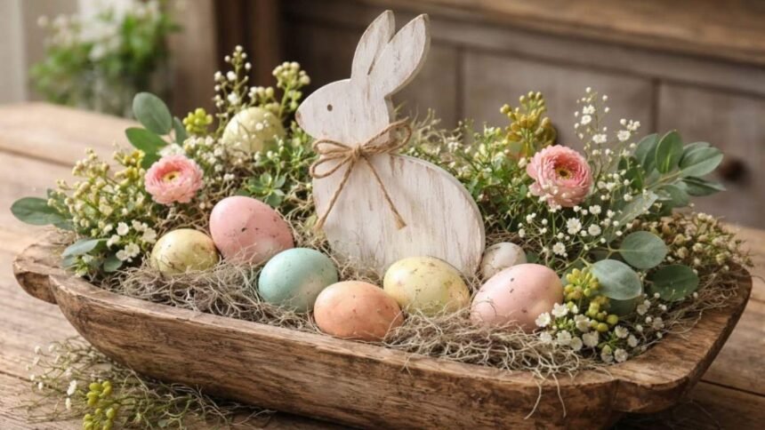 Imagem de um arranjo de páscoa com um coelho de madeira, ovos coloridos e mato