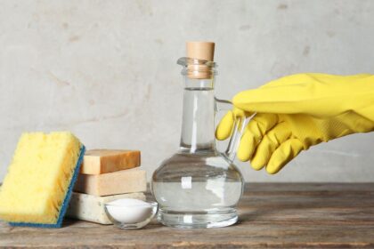 Imagem de um vidro de vinagre ao lado de esponjas de cozinha e uma mão com luva amarela