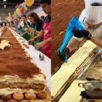 Montagem de duas fotos do tiramisu gigante. À esquerda, ele em uma mesa; à direita, quatro confeiteiros montando-o