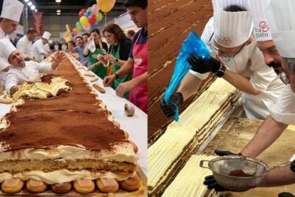 Montagem de duas fotos do tiramisu gigante. À esquerda, ele em uma mesa; à direita, quatro confeiteiros montando-o