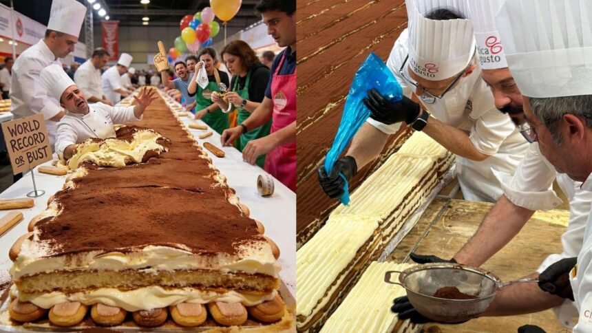 Montagem de duas fotos do tiramisu gigante. À esquerda, ele em uma mesa; à direita, quatro confeiteiros montando-o