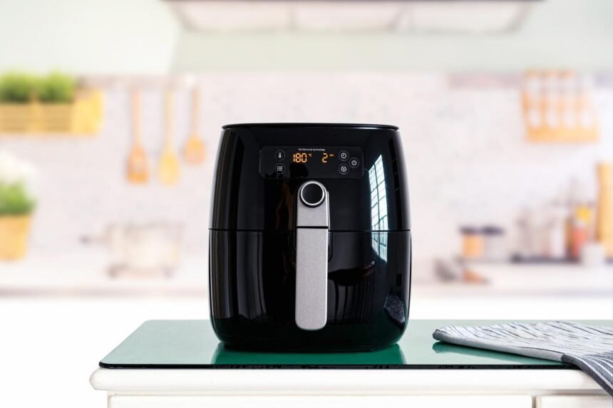 Foto mostra uma Air Fryer em cima de uma mesa na cozinha.