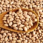 Imagem de grãos de feijão com uma colher de pau com uma porção dos grãos