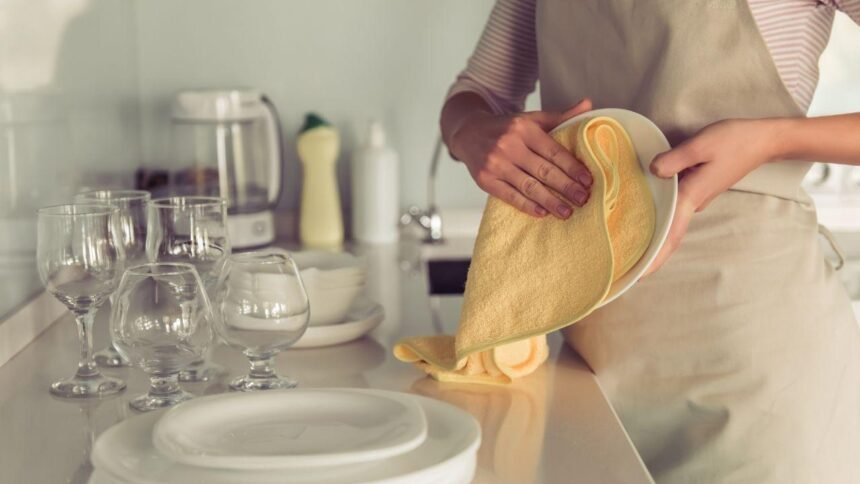 Imagem de uma pessoa secando louças com um pano de prato amarelo claro