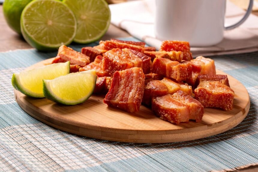 Foto mostra torresmo frito em cima de uma tábua com um limão ao lado.