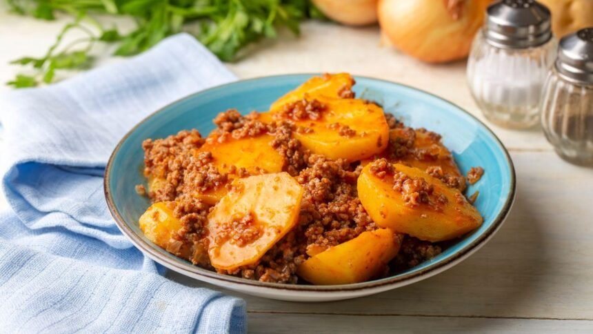Imagem de um prato de batata-doce com carne moida