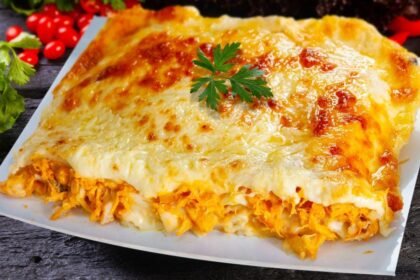 Imagem de um prato com frango desfiado e queijo gratinado por cima