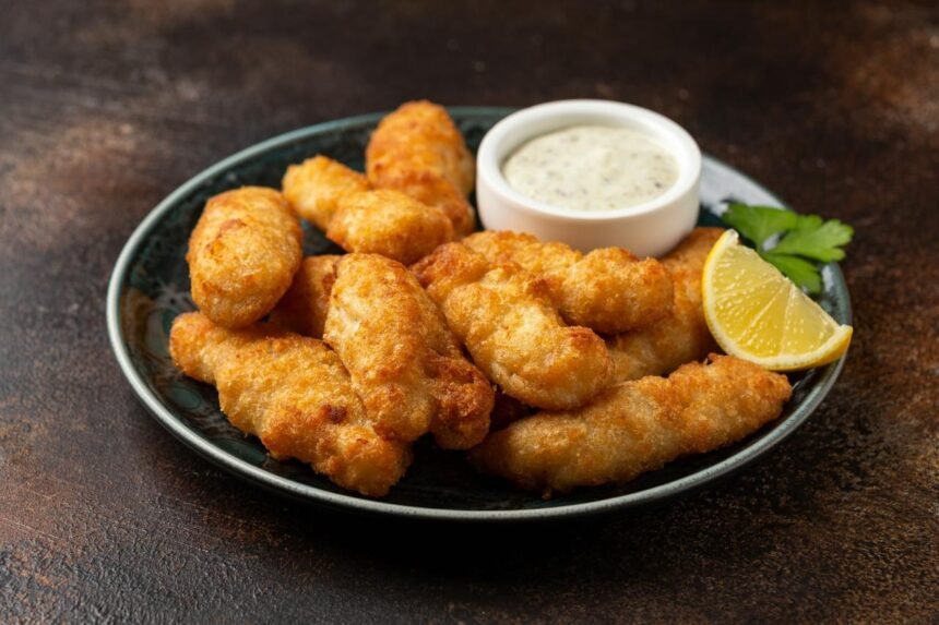 Prato com pedaços de peixe frito do lado de um molho e limão cortado.