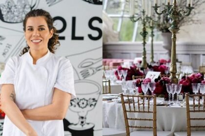 Montagem de duas fotos. Mulher branca, cabelo cacheado preso com uniforme de chef de cozinha. Na segunda foto, uma mesa decorada com flores e cadeiras de gala.