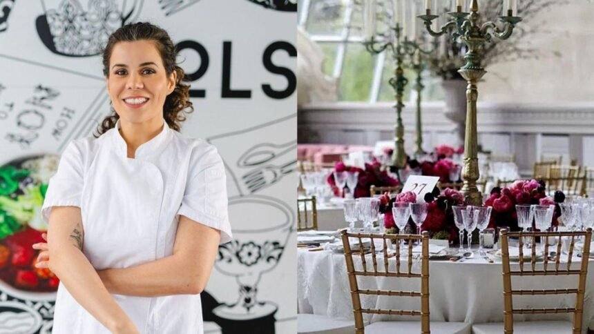 Montagem de duas fotos. Mulher branca, cabelo cacheado preso com uniforme de chef de cozinha. Na segunda foto, uma mesa decorada com flores e cadeiras de gala.