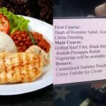 Montagem de duas fotos. À esquerda, um prato com arroz, feijão, filé de frango e salada de alface e tomate. À direita, uma foto de um celular com o cardápio servido à Lula na Casa Branca