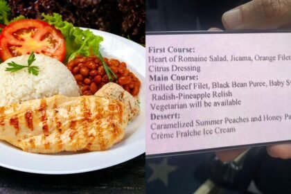 Montagem de duas fotos. À esquerda, um prato com arroz, feijão, filé de frango e salada de alface e tomate. À direita, uma foto de um celular com o cardápio servido à Lula na Casa Branca