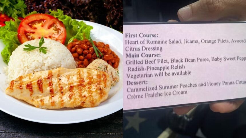 Montagem de duas fotos. À esquerda, um prato com arroz, feijão, filé de frango e salada de alface e tomate. À direita, uma foto de um celular com o cardápio servido à Lula na Casa Branca