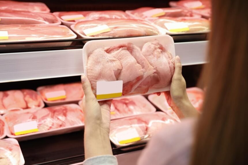 Mulher no mercado escolhendo bandeja de frango no supermercado.
