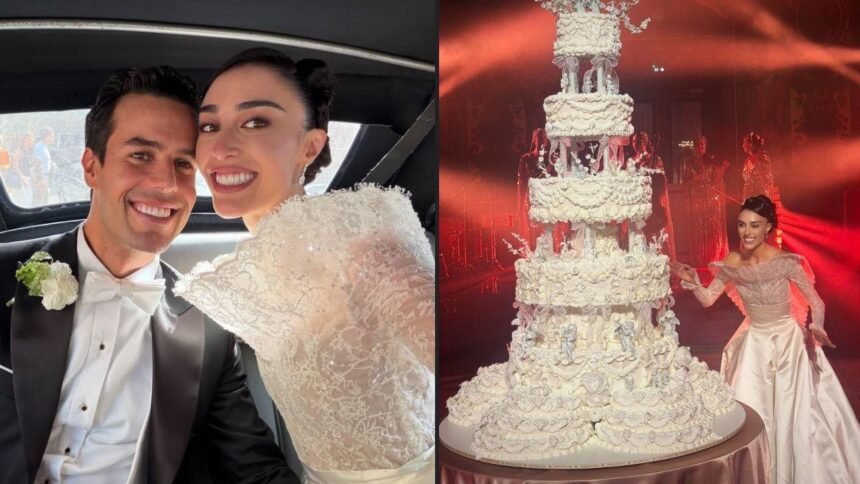 Casamento de Elisa e Alexandre na França tem bolo gigante; veja