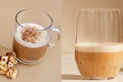 Montagem de duas fotos de bebidas de café