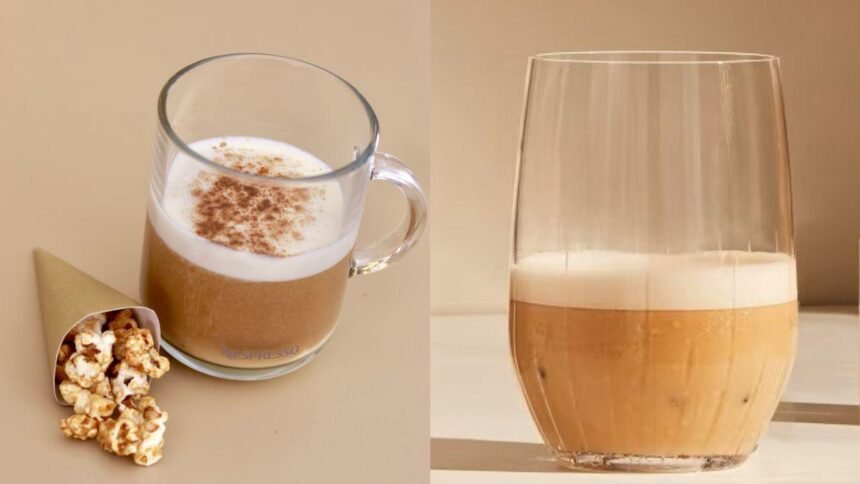 Montagem de duas fotos de bebidas de café