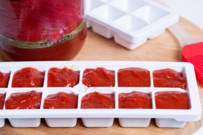 Imagem de uma forma de gelo branca com molho de tomate dentro dos quadradinhos