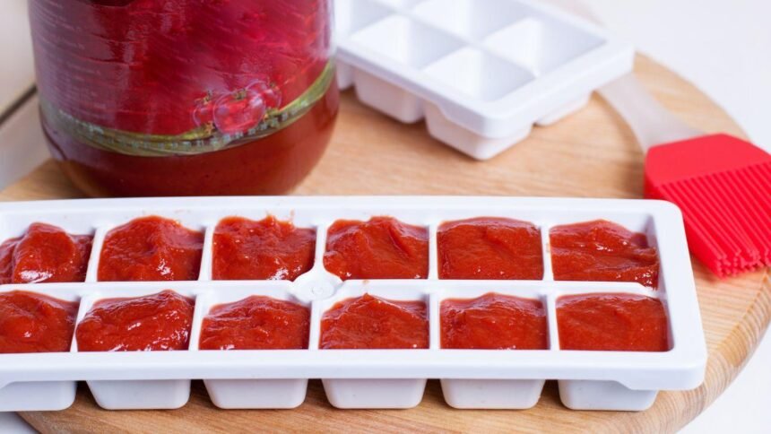 Imagem de uma forma de gelo branca com molho de tomate dentro dos quadradinhos