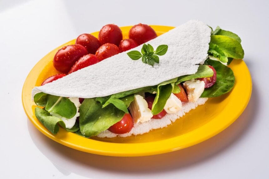 Tapioca com queijo branco, tomate e rúcula