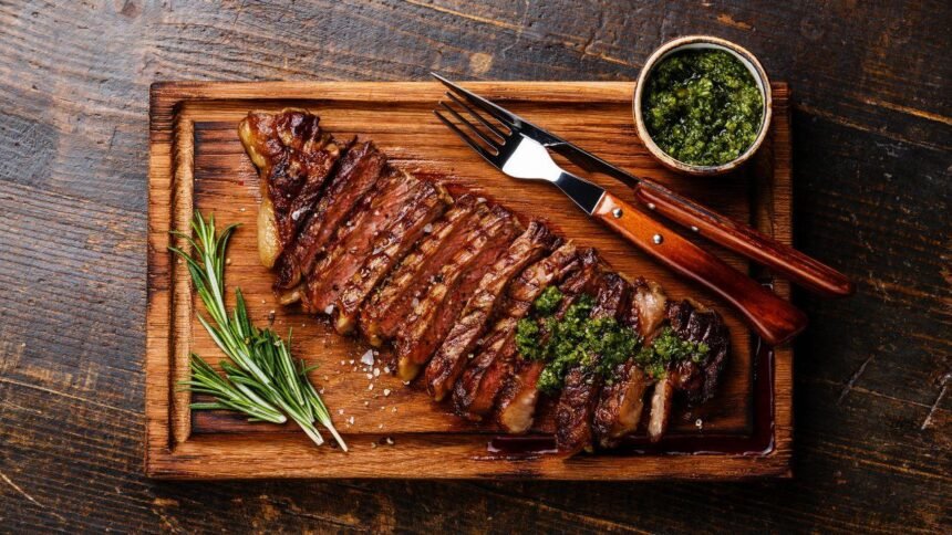 Imagem de pedaços de carne assada com chimichurri