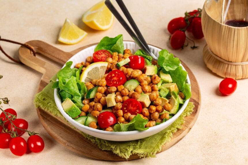 salada de alface com grão de bico